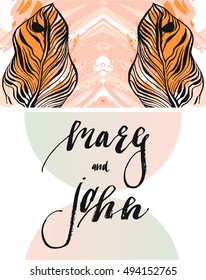 Hand drawn vector abstract modern tropical minimalistic save the date card template with exotic palm leaf in pastel colors.Wedding,marriage,save the date,baby shower bridal,birthday