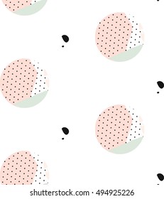 Hand drawn vector abstract modern textured seamless pattern with circles and polka dot textures in pastel colors isolated on white background.Hipster trendy unusual texture