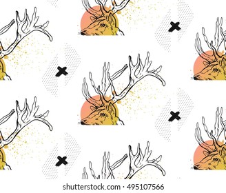 Hand drawn vector abstract modern textured seamless pattern with ink black crosses,polka dot textures and deer heads in pastel colors isolated on white background.Hipster trendy texture with crosses