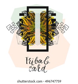 Hand drawn vector abstract modern tropical minimalistic tribal card template.Wedding,marriage,save the date,baby shower bridal,birthday,Valentine's day.Stylish simple design.Poster template