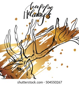 Hand drawn vector abstract modern gold Christmas greeting card template with graphic deer head and handwritten ink lettering phase Happy holidays.Christmas vector card design.Cute reindeer.
