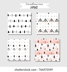 Hand drawn vector abstract modern geometric composition seamless pattern collection set in black, white,and pastel pink colors with freehand rough texture isolated on white background.