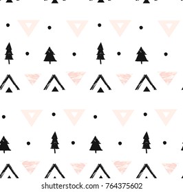 Hand drawn vector abstract modern geometric composition seamless pattern in black, white,and pastel pink colors with freehand rough texture and xmas trees isolated on white background.