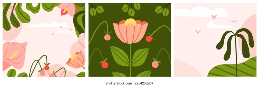 Hand drawn vector abstract modern,clipart illustration of tropical nature scene view with abstract shapes,leaves,flowers.Tropical nature background design concept.Pink sky.Spring landscape background.