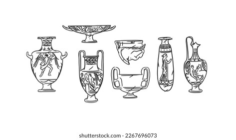 Hand drawn vector abstract outline,graphic,contemporary art greek ancient sculpture ols vase line modern drawing set.Antique classic ancient vase in trendy style,outline design concept.Vase art set.