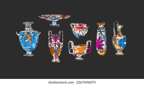 Hand drawn vector abstract outline,graphic,contemporary art greek ancient sculpture ols vase line modern drawing set.Antique classic ancient vase in trendy style,outline design concept.Vase art set.