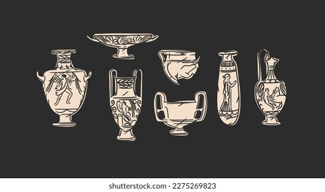 Hand drawn vector abstract outline,graphic,contemporary art greek ancient sculpture ols vase line modern drawing set.Antique classic ancient vase in trendy style,outline design concept.Vase art set.