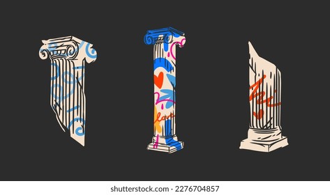 Esquema abstracto de vector dibujado a mano,gráfico,estatua de escultura antigua griega contemporánea línea de columna dibujo moderno.Estatua de arquitectura clásica antigua en estilo de gafas de moda,concepto de diseño de contorno,