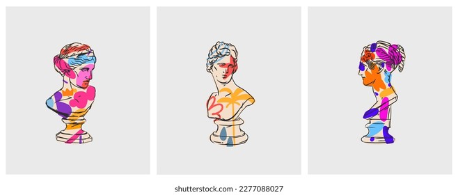 Hand drawn vector abstract outline,graphic,contemporary line greek ancient various sculpture old statues drawing illustration set.Antique classic ancient statue in trendy style,outline design concept.