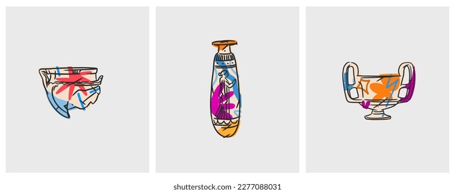 Hand drawn vector abstract outline,graphic,contemporary art greek ancient sculpture old vase line modern drawing set.Antique classic ancient vase in trendy style,outline design concept.Vase art set.