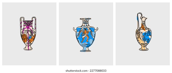 Hand drawn vector abstract outline,graphic,contemporary art greek ancient sculpture old vase line modern drawing set.Antique classic ancient vase in trendy style,outline design concept.Vase art set.