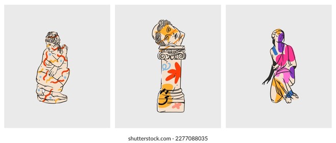 Hand drawn vector abstract outline,graphic,contemporary line greek ancient various sculpture old statues drawing illustration set.Antique classic ancient statue in trendy style,outline design concept.