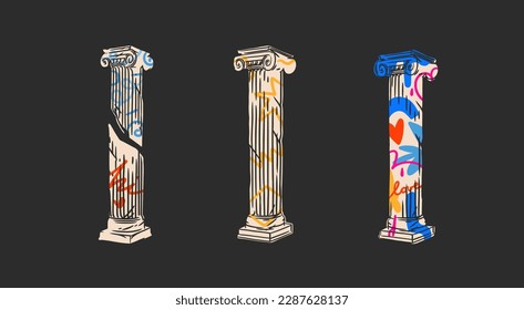 Hand drawn vector abstract outline,graphic,contemporary greek ancient sculpture statue column line modern drawing.Antique classic architecture statue in trendy graffity style,outline design concept,