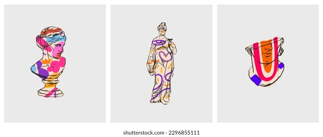 Hand drawn vector abstract outline,graphic,contemporary line greek ancient various sculpture old statues drawing illustration set with abstract shapes.Antique statue in trendy style design concept.