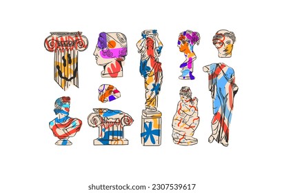 Hand drawn vector abstract outline,graphic,contemporary greek ancient sculpture statues and columns line set.Antique classic statue in trendy graffity style,outline design concept.Sculpture art set.