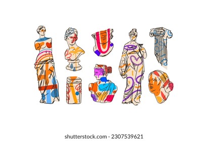 Hand drawn vector abstract outline,graphic,contemporary greek ancient sculpture statues and columns line set.Antique classic statue in trendy graffity style,outline design concept.Sculpture art set.