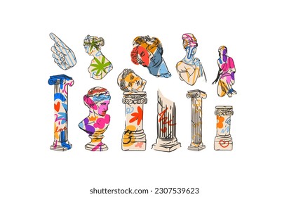 Hand drawn vector abstract outline,graphic,contemporary greek ancient sculpture statues and columns line set.Antique classic statue in trendy graffity style,outline design concept.Sculpture art set.