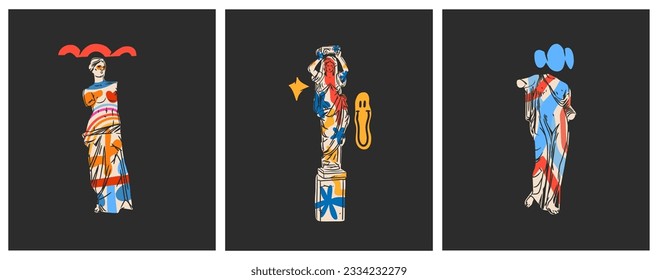 Hand drawn vector abstract outline,graphic,contemporary art greek ancient sculpture statue line modern drawing.Antique classic statue in trendy graffity style,outline design concept.Sculpture art set.