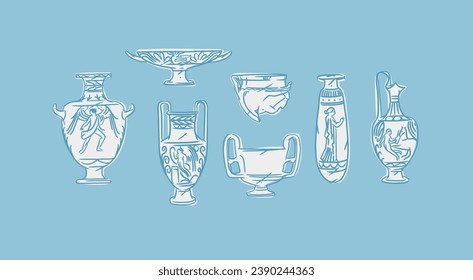 Hand drawn vector abstract outline,graphic,contemporary art greek ancient sculpture ols vase line modern drawing set.Antique classic ancient vase in trendy style,outline design concept.Vase art set.