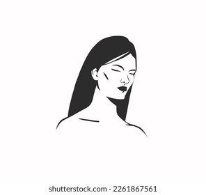 Hand drawn vector abstract outline,graphic,line art magic young witch female portrait in minimalistic modern style.Black witchy girl outline character design concept.Outline witch silhouette isolated.