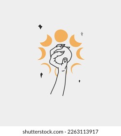 Hand drawn vector abstract outline,graphic,line art magic human hand with moon and stars logo in minimalistic modern style.Moon and stars sign outline design concept.Outline moon silhouette isolated.
