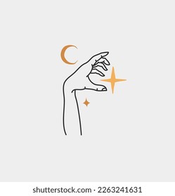 Hand drawn vector abstract outline,graphic,line art magic human hand with moon and stars logo in minimalistic modern style.Moon and stars sign outline design concept.Outline moon silhouette isolated.