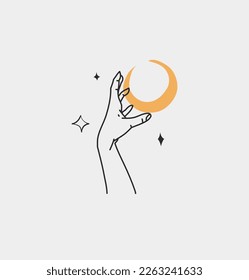 Hand drawn vector abstract outline,graphic,line art magic human hand with moon and stars logo in minimalistic modern style.Moon and stars sign outline design concept.Outline moon silhouette isolated.