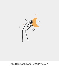 Hand drawn vector abstract outline,graphic,line art magic human hand with moon and stars logo in minimalistic modern style.Moon and stars sign outline design concept.Outline moon silhouette isolated.