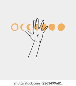 Esquema abstracto de vector dibujado a mano, gráfico, arte de línea magia mano humana con el logotipo de luna y estrellas en estilo moderno minimalista.Luna y estrellas firman el concepto de diseño de contorno.Esbozo aislado de la silueta lunar.