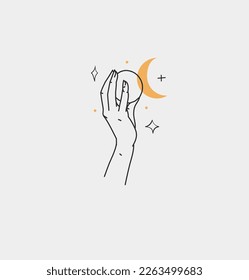 Hand drawn vector abstract outline,graphic,line art magic human hand with moon and stars logo in minimalistic modern style.Moon and stars sign outline design concept.Outline moon silhouette isolated.