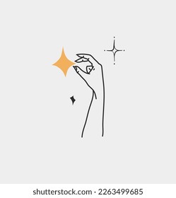 Hand drawn vector abstract outline,graphic,line art magic human hand with moon and stars logo in minimalistic modern style.Moon and stars sign outline design concept.Outline moon silhouette isolated.