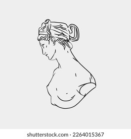 Hand drawn vector abstract outline,graphic,line art greek ancient sculpture statue line art modern drawing.Antique classic statues in trendy bohemian style,outline design concept.Antique head logo.