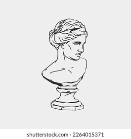 Hand drawn vector abstract outline,graphic,line art greek ancient sculpture statue line art modern drawing.Antique classic statues in trendy bohemian style,outline design concept.Antique head logo.