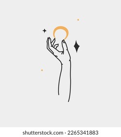 Hand drawn vector abstract outline,graphic,line art magic human hand with moon and star logo in minimalistic modern style.Moon and star sign outline design concept.Outline astrology line art isolated.