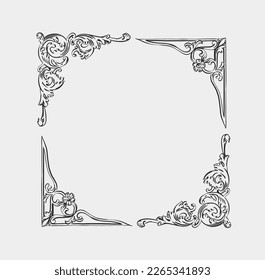 Hand drawn vector abstract outline,graphic,line art vintage baroque ornament floral frame in minimalistic modern style.Baroque floral vintage outline design concept.Vector antique frame isolated.