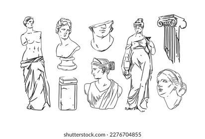 Hand drawn vector abstract outline graphic line greek ancient sculpture statue line art modern drawing set Antique classic statues in trendy bohemian style outline design concept Antique statue logo 