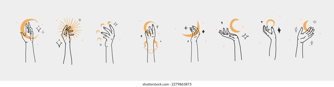 Hand drawn vector abstract outline,graphic,line art magic hands with moon and stars logo set in minimalistic modern style.Moon and star sign outline design concept.Outline astrology line art isolated.