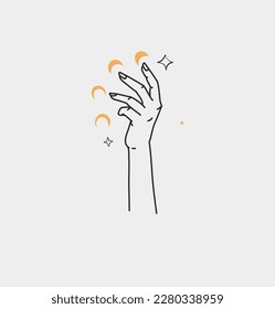Handgezeichnete, abstrakte Vektorgrafik,Grafik,Linie Kunst magische menschliche Hand mit Mond und Sternlogo im minimalistischen modernen Stil.Moon und Sternzeichen Umriss Konzept.Outline Astrologie Linie Kunst einzeln.