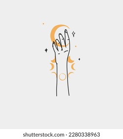 Hand drawn vector abstract outline,graphic,line art magic human hand with moon and star logo in minimalistic modern style.Moon and star sign outline design concept.Outline astrology line art isolated.