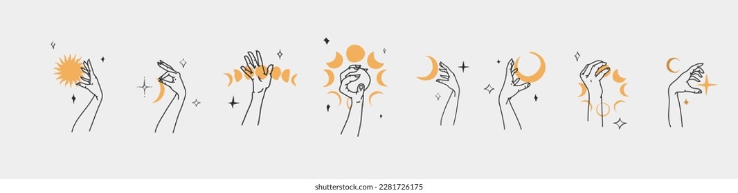 Hand drawn vector abstract outline,graphic,line set magic human hand with moon and star logo in minimalistic modern style.Moon and star sign outline design concept.Outline astrology line art isolated.