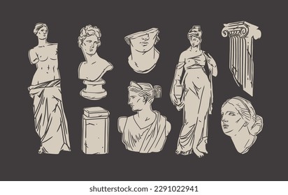 Hand drawn vector abstract outline,graphic,line greek ancient sculpture statue line art modern drawing set.Antique classic statues in trendy line style,outline design concept.Antique statue design.