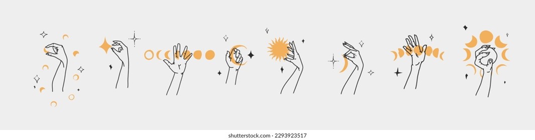 Hand drawn vector abstract outline,graphic,line set magic human hand with moon and star logo in minimalistic modern style.Moon and star sign outline design concept.Outline astrology line art isolated.