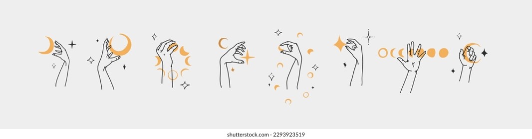 Hand drawn vector abstract outline,graphic,line set magic human hand with moon and star logo in minimalistic modern style.Moon and star sign outline design concept.Outline astrology line art isolated.
