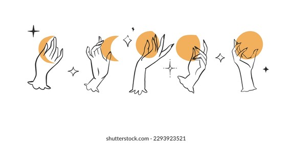 Hand drawn vector abstract outline,graphic,line art magic human hand with moon and stars logo in minimalistic modern style.Moon and stars sign outline design concept.Outline moon silhouette isolated.