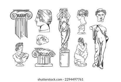 Hand drawn vector abstract outline,graphic,line greek ancient sculpture statue line art modern drawing set.Antique classic statues in trendy bohemian style,outline design concept.Antique statue logo.