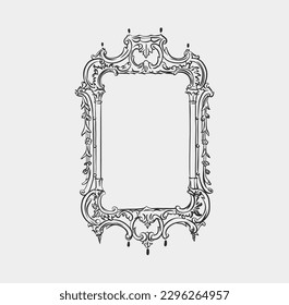 Hand drawn vector abstract outline,graphic,line art vintage baroque ornament floral frame in minimalistic modern style.Baroque floral vintage outline design concept.Vector antique frame isolated.