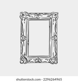 Hand drawn vector abstract outline,graphic,line art vintage baroque ornament floral frame in minimalistic modern style.Baroque floral vintage outline design concept.Vector antique frame isolated.