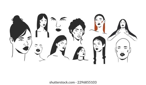 Hand drawn vector abstract outline,graphic,line art magic beautiful woman witch faces in minimalistic modern line art style.Witch female outline design concept.Line art beauty woman portraits set.