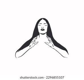 Hand drawn vector abstract outline,graphic,line art magic beautiful woman witch face in minimalistic modern line art style.Witch female outline design concept.Line art beauty witch woman portrait.
