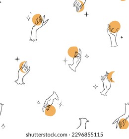 Hand drawn vector abstract outline,graphic,line art magic human hand with moon and stars seamless pattern in minimalistic style.Moon and stars outline design concept.Moon and stars seamless pattern.